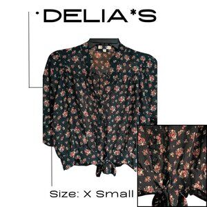 dELiA*s Romantic Black Floral Button Front Tie Hem Blouse XS